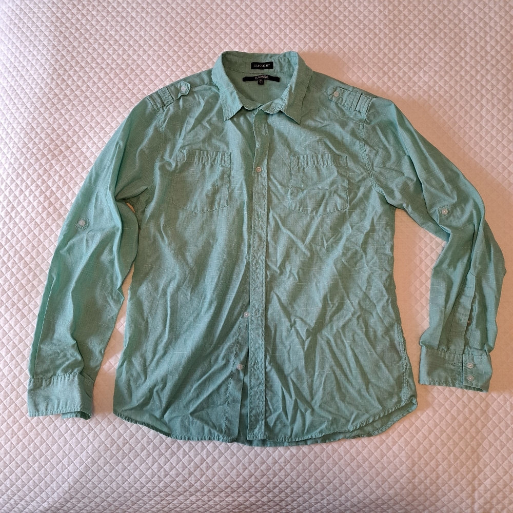 Carbon Casual Button Down Shirt Mens XL Cotton Long Sleeve Green Pastel Stripes